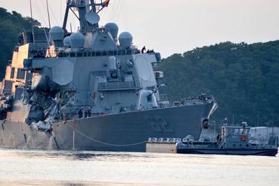 The Arleigh Burke-class guided-missile destroyer USS Fitzgerald (DDG 62) was damaged in a collision with a merchant vessel while operating southwest of Yokosuka, Japan (U. S. Navy photo by Peter Burghart)