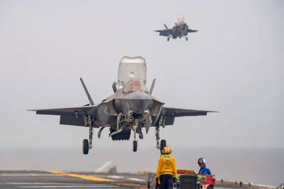 Two F-35B Lightning II fighter aircraft from Marine Fighter Attack Squadron (VMFA) 242, prepare to land on the flight deck of the forward-deployed amphibious assault ship USS America (LHA 6) while conducting flight operations in the Philippine Sea, June 1. America, lead ship of the America Amphibious Ready Group, is operating in the U.S. 7th Fleet area of operations. U.S. 7th Fleet is the U.S. Navy’s largest forward-deployed numbered fleet, and routinely interacts and operates with allies and pa