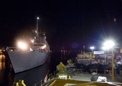 Littoral combat ship USS Freedom (LCS 1) returns to its homeport in Marinette, Wis., after completing acceptance trials in Lake Michigan. A littoral combat ship is a fast, agile, focused-mission ship designed to defeat threats such as mines, quiet diesel submarines and fast surface craft. Freedom is scheduled to be delivered later this year and will be homeported in San Diego, Calif. U.S. Navy photo by Mass Communication Specialist 3rd Class Jhi L. Scott