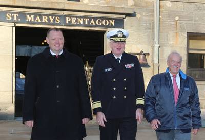 L-R: Dan Gillette, president of the Fort Schuyler Maritime Alumni Association; Rear Adm. Michael Alfultis, president of SUNY Maritime College; Capt. Robert Johnston, chairman of the SUNY Maritime Foundation, in St. Mary’s Pentagon in historic Fort Schuyler on the college’s campus. (Photo: SUNY Maritime)