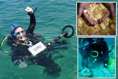 Main photo – Dr. Bridget Buxton with the Pulse 8X detector, Bottom inset – diver holds recovered gold coins, Top inset – some of the 2,000 gold coins found off Israeli coast. (Photos courtesy of JW Fishers)