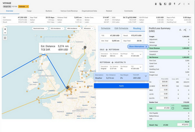 Voyage Management System integration: Accessing alternative route suggestions with unique weather data (Screenshot: Dataloy Systems)