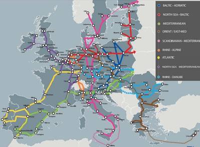 Map depicting the TEN-T Core Network Corridor. The Scandinavian-Mediterranean Corridor is in pink. (Image: European Commission)