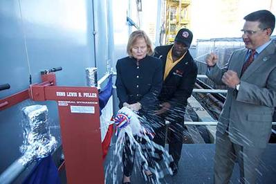 Martha Puller Downs, daughter of General Puller christens USNS Lewis B. Puller. (Photo: General Dynamics NASSCO)