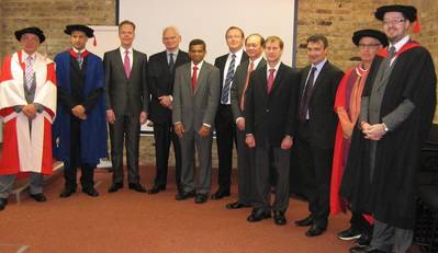 MBA in Shipping & Logistics students and tutors celebrate their graduation. Pictured left to right are: Dr Ian Favell – Module Tutor,  Dr Stephane Bignoux – Module Tutor, Peter Pecry, Cornelis Van Der Burg, Keerthi Wanigasooriya, Jaime Gonzalez Gil, Eng Hai Ooi, Peter Jackson, Neville Spiteri, Dr Robert Jenefsky – Module Tutor, Dr Kristian J Sund – MBA in Shipping & Logistics Program Leader.