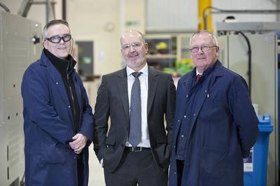 L-R Jim McBride, Manufacturing Supervisor of Electronics and Microwave divisions, Jim Davidson, CEO of Albacom and Ronnie McKenzie, Surface Engineering & Machining Supervisor. Photo Albacom