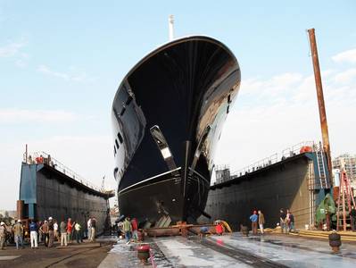 The megayacht Cakewalk, built at Derecktor Shipyards’, Bridgeport, Ct., shipyard was launched using air bearings. Photo courtesy AeroGo, Inc.