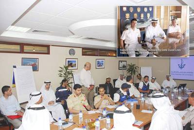 Members of the Cruise Ship Emergency Response Task Force at the simulated table top exercise. Inset: Captain Abdulla Al-Hayyas on board the Costa Cruise Lines’ FAVOLOSA during the simulated drill (Photo: Dubai Maritime City Authority).