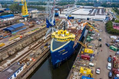 Damen Shiprepair Amsterdam (DSAm) completed a conversion project for Norwegian company Eidsvaag which saw a platform supply vessel (PSV) transformed into a fish feed carrier dubbed Eidsvaag Opal. Photo: Damen