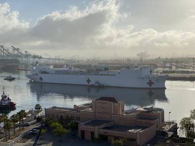 Military Sealift Command hospital ship USNS Mercy (T-AH 19) departs Los Angeles (Photo: Port of Los Angeles)