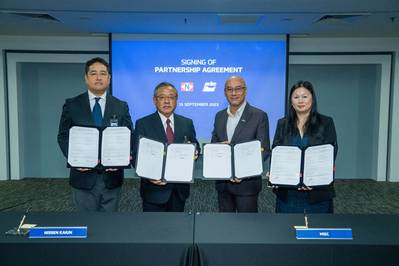 MISC was represented by Mr Hazrin Hasan, MISC’s Vice President Gas Assets &amp; Solutions (3rd from left) and Ms. Meei Wong, Head of Transformation (4th from left), with Nissen Kaiun represented by Captain Katsuya Abe, President of Nissen Kaiun (2nd from left). Witnessing this momentous occasion was Mr Yuichiro Nishikawa, General Manager, Mitsui &amp; Co Ltd (1st from left). Photo courtesy MISC