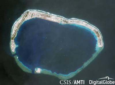 Mischief Reef has been occupied and controlled by China since 1995, and is also claimed by Taiwan, the Philippines and Vietnam. (Credit: CSIS/AMTI, DigitalGlobe)