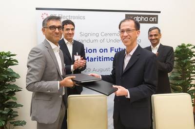 MOU signing ceremony - the MOU was endorsed by Capt. Rajesh Unni, CEO of Alpha Ori (front left of photo) and Mr Tang Kum Chuen, Deputy President of Corporate Development, ST Electronics (front right), and witnessed by Mr Andreas Sohmen-Pao, Executive Chairman of Alpha Ori Technology Holdings (back left), and Mr Ravinder Singh, President, ST Electronics (back right).  (Photo: ST Electronics)