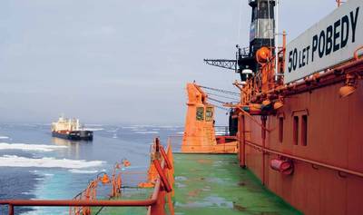 MV Nordic Barents and icebreaker 50 Years of Victory (Photo courtesy Lloyd's Register)
