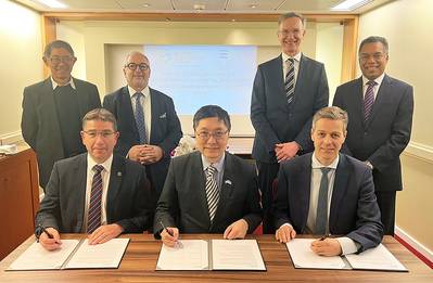 Nick Brown, Lloyd's Register CEO, Teo Eng Dih Maritime and Port Authority of Singapore (MPA) Chief Executive and Knut Arild Hareide, Norwegian Maritime Authority Director, General Shipping and Navigation.  Back Row (L to R): Niam Chiang Meng, MPA Chairman, Vassilios Kroustallis, ABS Senior Vice President, Global Business Development, Pierre Sames, DNV Senior Vice President, Strategic Development Director and Dr. M. Abdul Rahim, ClassNK, Corporate Officer, Managing Director, Europe and Africa. (P