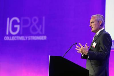 Nick Shaw, Chief Executive Officer of the IGP&I, speaking at the International Group Correspondents Conference 2022 currently being held at the QEII Centre in London. (Photo: IGP&I)