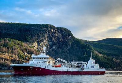 Norsk Fisketransport AS took delivery of a new Havyard wellboat dubbed Reisa, a boat that is designed to offer greater salmon capacity and enhanced fish welfare. Photo: Havyard 