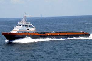 Offshore supply vessel Michael G. McCall, Gulf Craft’s most recent delivery, could not get work in the Gulf of Mexico. Seacor chartered it for operations off the west coast of Africa. The 190-ft by 34-ft vessel was delivered in July 2010. (Photo courtesy Gulf Craft, LLC)