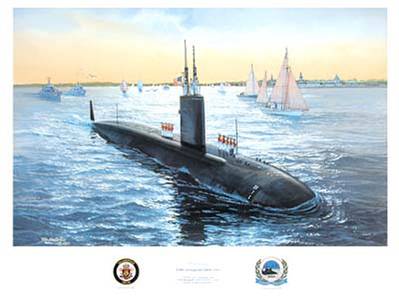 Oil on canvas by the artist Tom Freeman entitled "Homecoming, Annapolis Commissioning." The Annapolis (SSN-760) was commissioned 11 April 1992 at the Electric Boat Div., General Dynamics Corp, Groton, CT. (Courtesy of USNI)