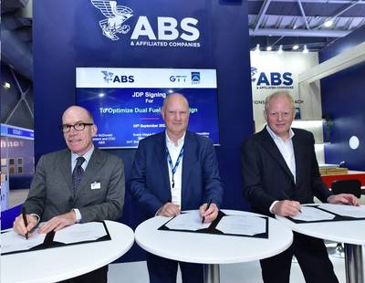 From left: Philippe Berterottiere, Chairman and CEO, GTT; John McDonald, ABS President and COO; and Svenn Magne Edvardsen, Managing Director, DHT; to sign a JDP at Gastech 2023. (Photo: ABS)