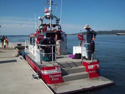 Tacoma Fire Department’s MetalCraft fireboat was on display at the 2014 Maritime Security West conference, now underway in Tacoma. (Photo by E. H. Lundquist)