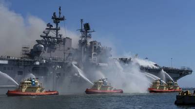 On the morning of July 12, a fire was called away aboard the USS Bonhomme Richard (LHD 6) while it was moored pierside at Naval Base San Diego while the warship was going through a maintenance availability, which began in 2018. (Photo: Christina Ross / U.S. Navy)