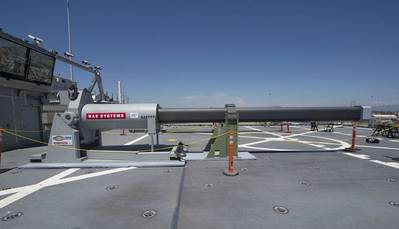One of the two electromagnetic railgun prototypes on display aboard the joint high speed vessel USS Millinocket (JHSV 3) in port at Naval Base San Diego. (U.S. Navy photo by Kristopher Kirsop)
