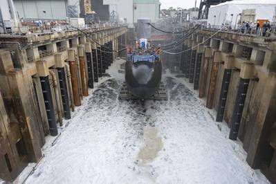 One of the U.S. Navy’s newest attack submarines, the future USS IDAHO (SSN 799), launched from General Dynamics Electric Boat’s shipyard into the Thames River, Aug. 6. (Photo: U.S. Navy)