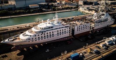 One of the vessels, Star Breeze, undergoing renovation in Palermo, with a new 25.6 meter (84 feet) section being added in the middle. (Photo: Fincantieri)