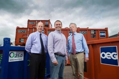 Osca regional director Donald Guthrie, OEG CEO John Heiton, Osca Chairman Bob Smith at OEG's base at Dyce, Aberdeen (Credit OEG)