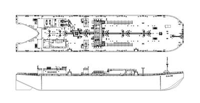 Outboard profile and arrangement drawing of Bollinger’s newest design of the 55,000 BBL OPA’90 compliant clean product tank barge
