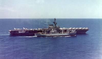 Paricutin (AE-18) rearming Coral Sea (CVA-43). U.S. Navy photo.