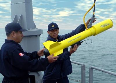 Peruvian Navy officers prepare to launch Fishers Proton 4 magnetometer. Photo: JW Fishers