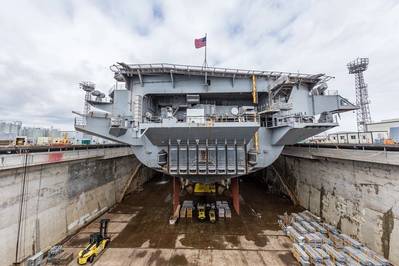 File photo: Aircraft carrier USS Nimitz (CVN 68) in dry dock at Puget Sound Naval Shipyard & Intermediate Maintenance Facility in Bremerton, Wash., in 2018. (U.S. Navy photo by Thiep Van Nguyen II)