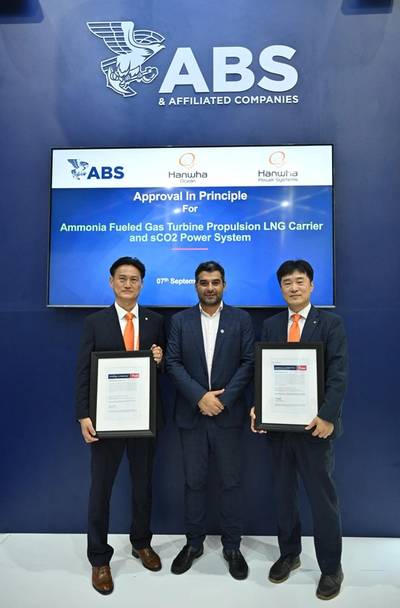 Photo Caption: ABS Vice President, Global Sustainability, Panos Koutsourakis (center), joins Sung Hyo Cho (left), Director and General Manager, Power Solutions Division, Hanwha Power Systems, and Hyoung Seong Kim (right), Head of Advanced Product Strategy Office, at Gastech 2023. Credit: ABS