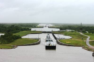 File photo: A tow exits the east lock of the Colorado River Lock system near Matagorda, Texas. (Credit Simon DeSoto, Colorado River lockmaster / courtesy U.S. Army Corps of Engineers)