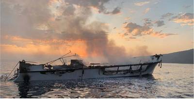 Photo of Conception’s burned hull at dawn on Sept. 2, 2019, prior to sinking.
(Credit: Ventura County Fire Department)