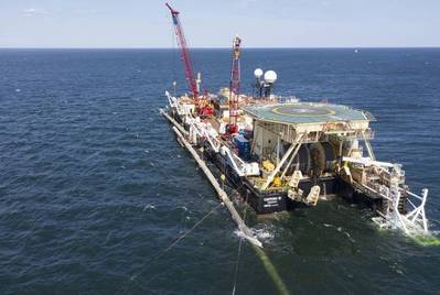 File Photo: A vessel connecting pipe sections above water at Nord Stream 2 project in 2019 - Nord Stream 2 / Axel Schmidt