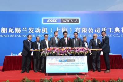 Picture at the groundbreaking ceremony, Roger Holm, Senior Vice President, Engines, Wärtsilä Marine Solutions and Wu Qiang, President of CSSC, in the middle. (Photo: Wärtsilä)