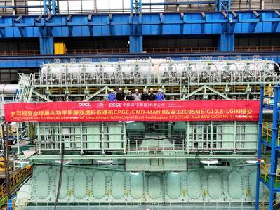 Picture from the Factory Acceptance Test of the new ME-LGIM at CSSC-MES Diesel Co., Ltd. (CMD) in China. Image courtesy MAN Energy Solutions