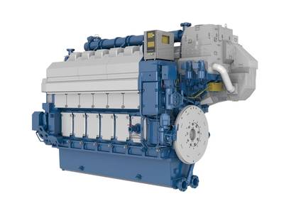 Picture of a 6-cylinder in-line Wärtsilä 34DF engine.