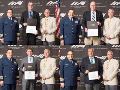 Pictured above are: Captain Andrew Sugimoto, Chief of Staff to RADM Thomas of the Eight USCG District and Jim Varley, Vice Chairman of the Board of Directors for the Chamber of Shipping of America with Crowley Captains (clockwise in center) Tod Doane, William Butler, Scott Davis and Robert Cope (Photo: Crowley)