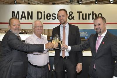 Pictured at the contract signing (from left) Peter Dittrich, Head of Contract Management, MAN PrimeServ Turbocharger; Ivan Blazina, Group Purchasing Director, Anglo-Eastern Ship Management Ltd.; Jesper Bak Weller, Global Key Account Director, MAN PrimeServ; and Thorsten Lehmann, Vice President, MAN PrimeServ Turbocharger (Photo: MAN)