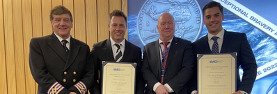 Pictured from left, Marius Fenger, Brad Lucas Australian Maritime Safety Authority CEO Mick Kinley, Alex Alsop. (Image courtesy of AMSA)