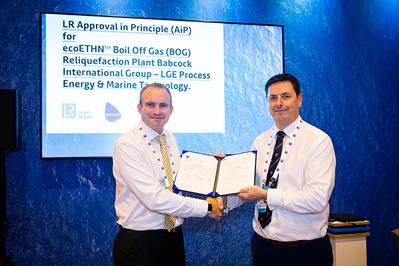 Pictured from left to right: Andrew McKeran, LR’s Commercial Director, awarded Neale Campbell, Babcock’s Managing Director, an AiP for its ecoETHN solution at Gastech 2019 in Houston (Photo: LR)