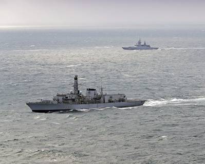 Pictured is HMS Westminster (Foreground) 30NM off the British coast escorting the Russian Steregushchiy class ship Soobrazitelny (531). (Photo: U.K. Royal Navy)