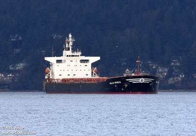 Pictured is the 735-foot bulk carrier Gallia Graeca while anchored near Lighthouse Park in Vancouver, Canada, Jan. 13, 2016. (Photo: U.S. Coast Guard)