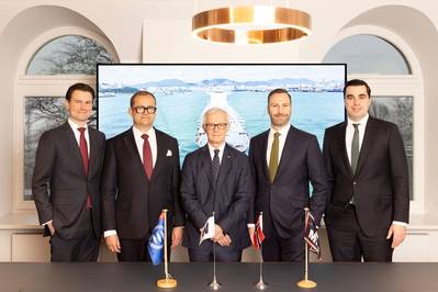 Pictured L to R: Dr. Michael Silies, CEO of Wilhelmsen Ahrenkiel Ship Management; Michael Brandhoff, CEO of ZEABORN Ship Management, Carl Schou, CEO and President of Wilhelmsen Ship Management; Constantin Baack, Board Member of MPC Capital and Dr. Philipp Lauenstein, CFO of MPC Capital. Image courtesy MPC Capital