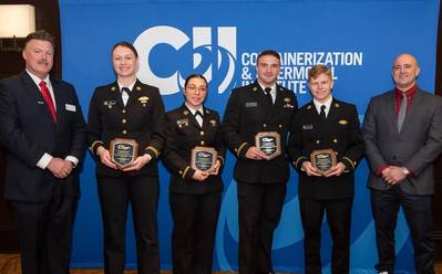 Pictured (left to right): John Berry, Crowley Wind Services; U.S. Merchant Marine Academy cadets Elizabeth Kay, Gianna Russo, Draygan Colonese, Charles Lausten; Joe St. Pierre, Crowley Wind Services (c) Crowley