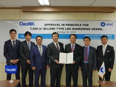 (Pictured l-r) ClassNK : S. H. Lee, H. Takesue, J. B. Jeong, T. Nishibashi (Country Manager of Korea) / Hanjin Heavy Industries & Construction Co., Ltd.: C. S. Lee (Technical Director), K. C. Lee, J. K. No. (Photo: ClassNK)